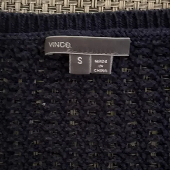 VINCE 100% Cotton Open Weave Grid Mesh Chunky V-neck Sweater Navy Blue Coastal S - Picture 3 of 4
